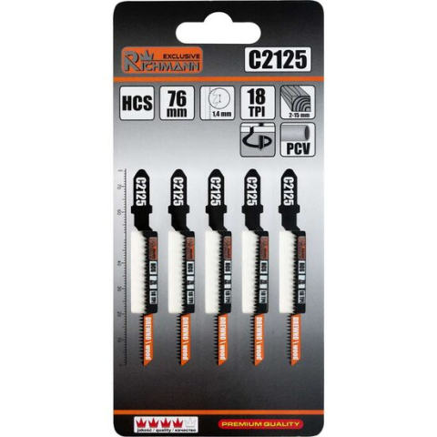 Accesorii fierastraie electrice - Panza, lama, fierastrau pendular, pentru lemn, HCS, prindere tip T, taiere curbata, 18 TPI, set 5 buc, 76 mm, Richmann Exclusive