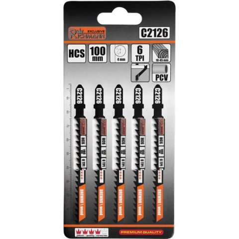 Accesorii fierastraie electrice - Panza, lama, fierastrau pendular, pentru lemn, HCS, prindere tip T, taiere precisa, 6 TPI, set 5 buc, 100 mm, Richmann Exclusive