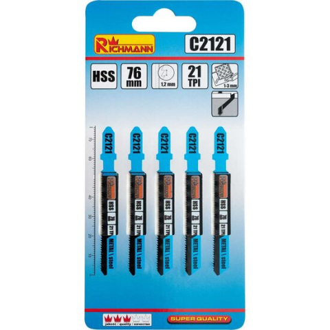 Accesorii fierastraie electrice - Panza, lama, fierastrau pendular, pentru metal, HSS, prindere tip T, 21 TPI, set 5 buc, 76 mm, Richmann