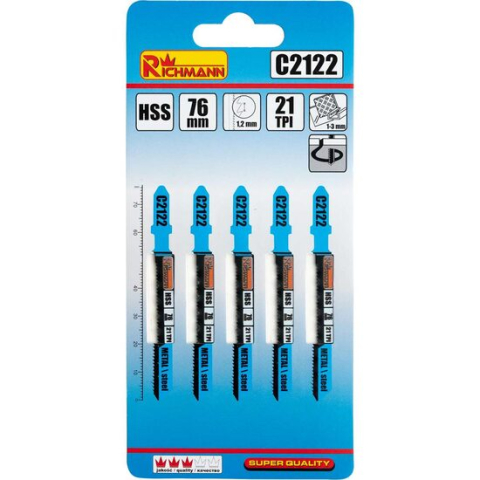 Accesorii fierastraie electrice - Panza, lama, fierastrau pendular, pentru metal, HSS, prindere tip T, taiere curbata, 21 TPI, set 5 buc, 76 mm, Richmann