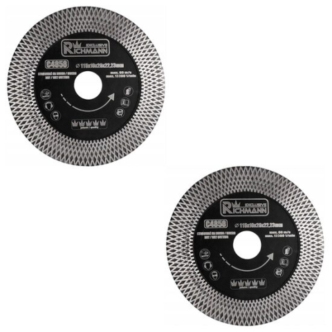 Discuri diamantate - Set 2 discuri diamantate turbo, subtire, dublu segmentat, placi ceramice, taiere umeda si uscata, 115 mm/22.23 mm, Richmann Exclusive