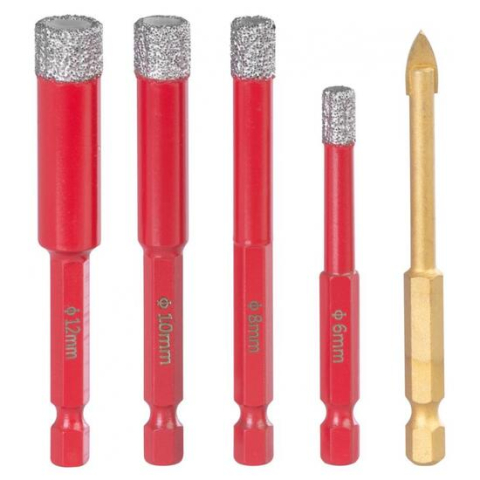 BRICOLAJ ELECTRIC - Set burghie diamantate uscate, burghiu de sticla, 5 piese, 6-8-10-12 mm, HEX, Strend Pro Premium