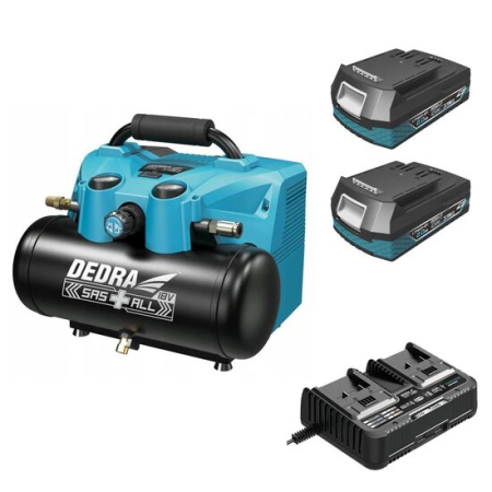 Bricolaj Electric/Pachete scule electrice#Accesorii Auto/Compresoare auto - Set compresor cu 2 acumulatori 18v si incarcator dublu (6 L) DEDRA - SAS+ALL