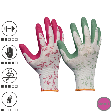 Manusi - Gebol 709807_07, Set doua perechi de manusi de protectie Flower Duo, din poliester, acoperire din spuma de latex, marimea 7/S