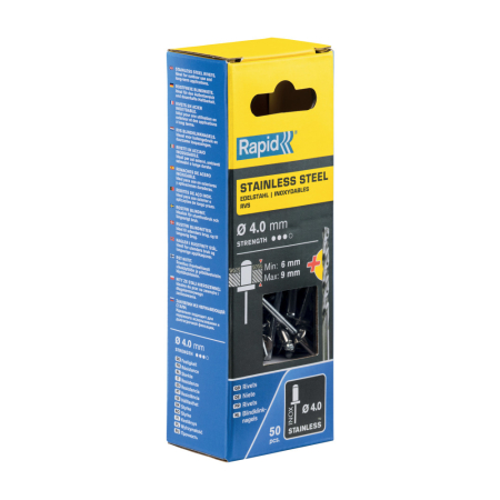Constructii  - Rapid 5000394, set nituri din otel inoxidabil, inclusiv burghiu, 50 buc, 6-9mm, Ø4.0 x 12mm