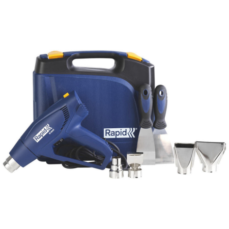 Pistoale cu aer cald - Rapid 5001350, Set pistol cu aer cald R1800, temperatura 300-550 grade, 1600W, debit reglabil in 2 trepte 250-450l/min, + geanta de transport si accesorii