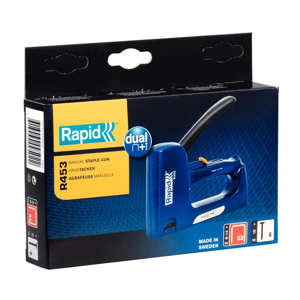 Rapid 20009502, capsator dual Rapid R453E, ptr capse nr. 53 si cuie nr. 8, 2 in 1 pentru tamplarie si tapiterie, maner ergonomic si piese de uzura din otel [7]