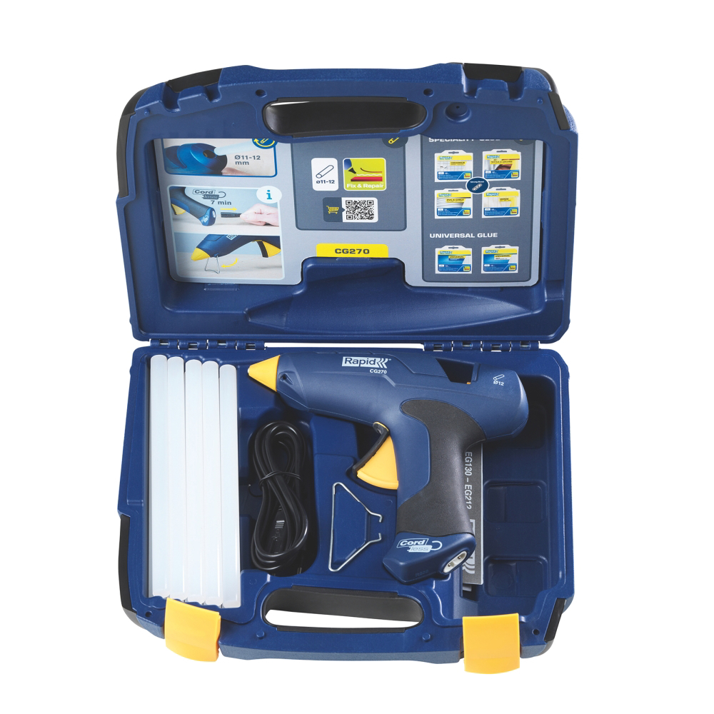 Rapid 5001445, Pistol de lipit GlueGun Rapid CG270, albastru, max 250W, debit 350g/h, 200°C, include 10 batoane si geanta, functional cu batoane de 12mm [1]