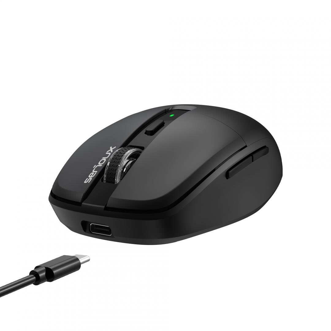 Mouse wireless AirFlow 2.4G+BT cu mod dual, cu receptor dual USB-A +USB-C; Reincarcabil USB-C, LED frontal Mod: 2.4G + Bluetooth Număr cheie: 6 Material: ABS Culoare: Negru complet DPI: 800-1200-1600  [4]