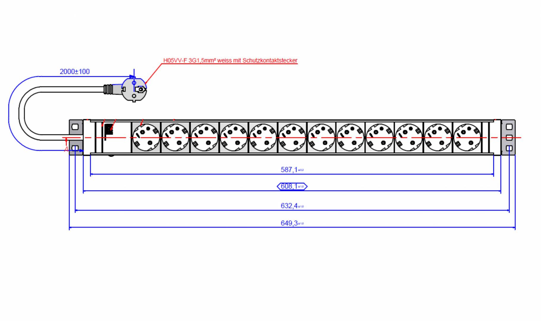 Servere, Componente & UPS - Bachmann IT PDU 12 x prize Schuko, 1.5U, impamantare, fara intrerupator, 2 metri, alb ,Aluminiu