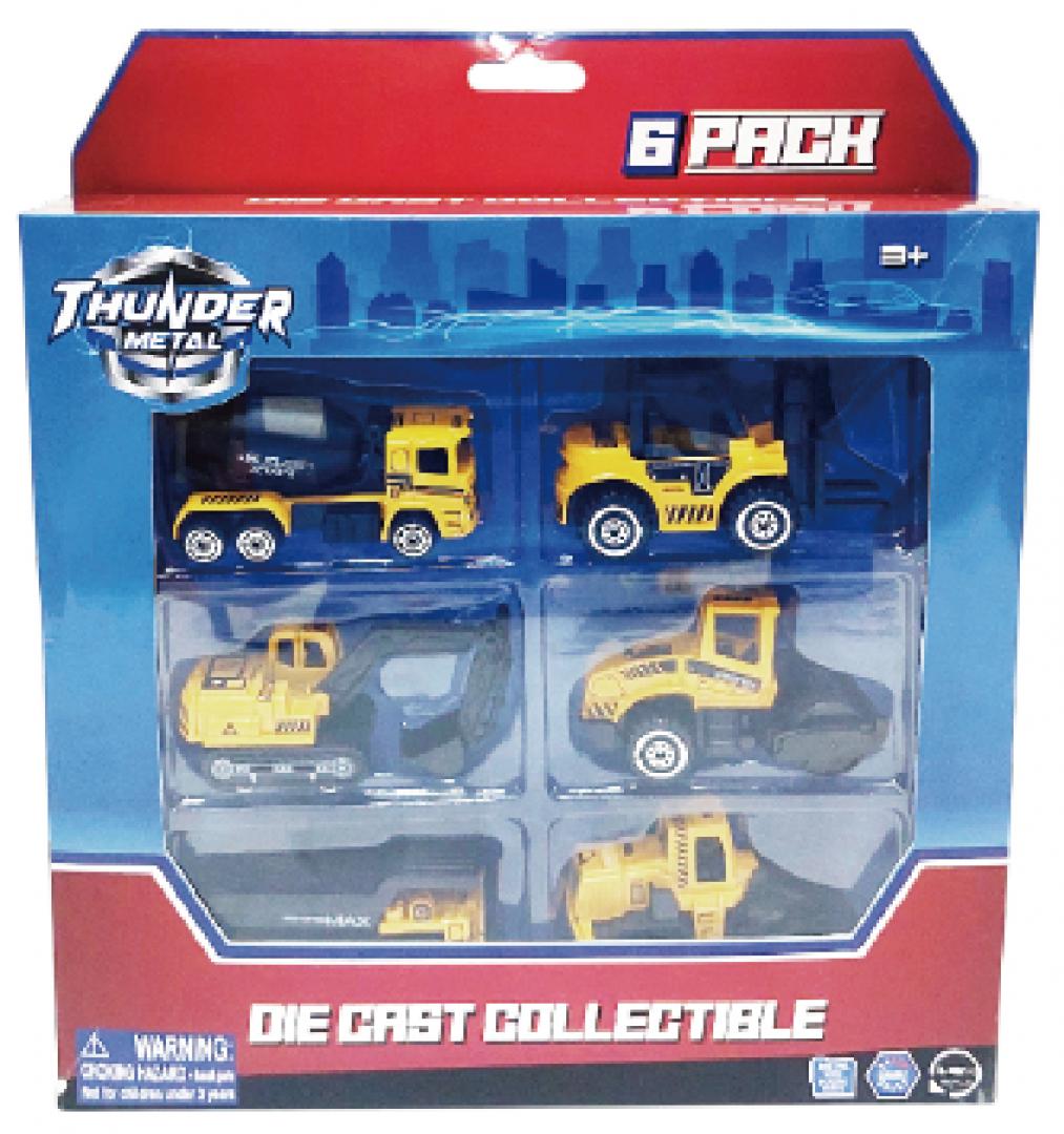 MACHETA DIE CAST, SET 6 UTILAJE, SCARA 1/64, 7.5CM, DIVERSE MODELE SI CULORI- INCARCATOR, COMPACTOR, BULDOZER, BETONIERA, EXCAVATOR SENILE, BASCULANTA- ALB, BLEU,NEGRU SI GALBEN [3]