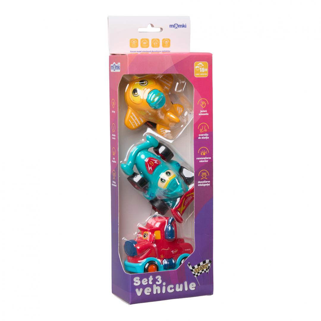 SET 3 VEHICULE ACTIONATE PRIN INERTIE- CAMION ROSU, MASINA DE CURSE ALBASTRA, AVION GALBEN,MOMKI [2]