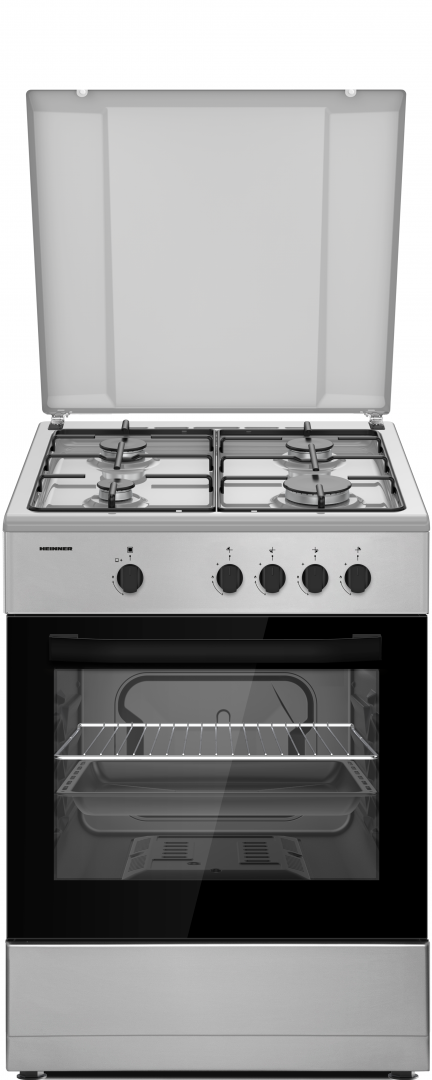 Aragazuri - Aragaz gaz Heinner HFSC-SME66ISL, 4 arzatoare, aprindere electrica plita/cuptor, dispozitiv de siguranta, 60x60 cm, argintiu