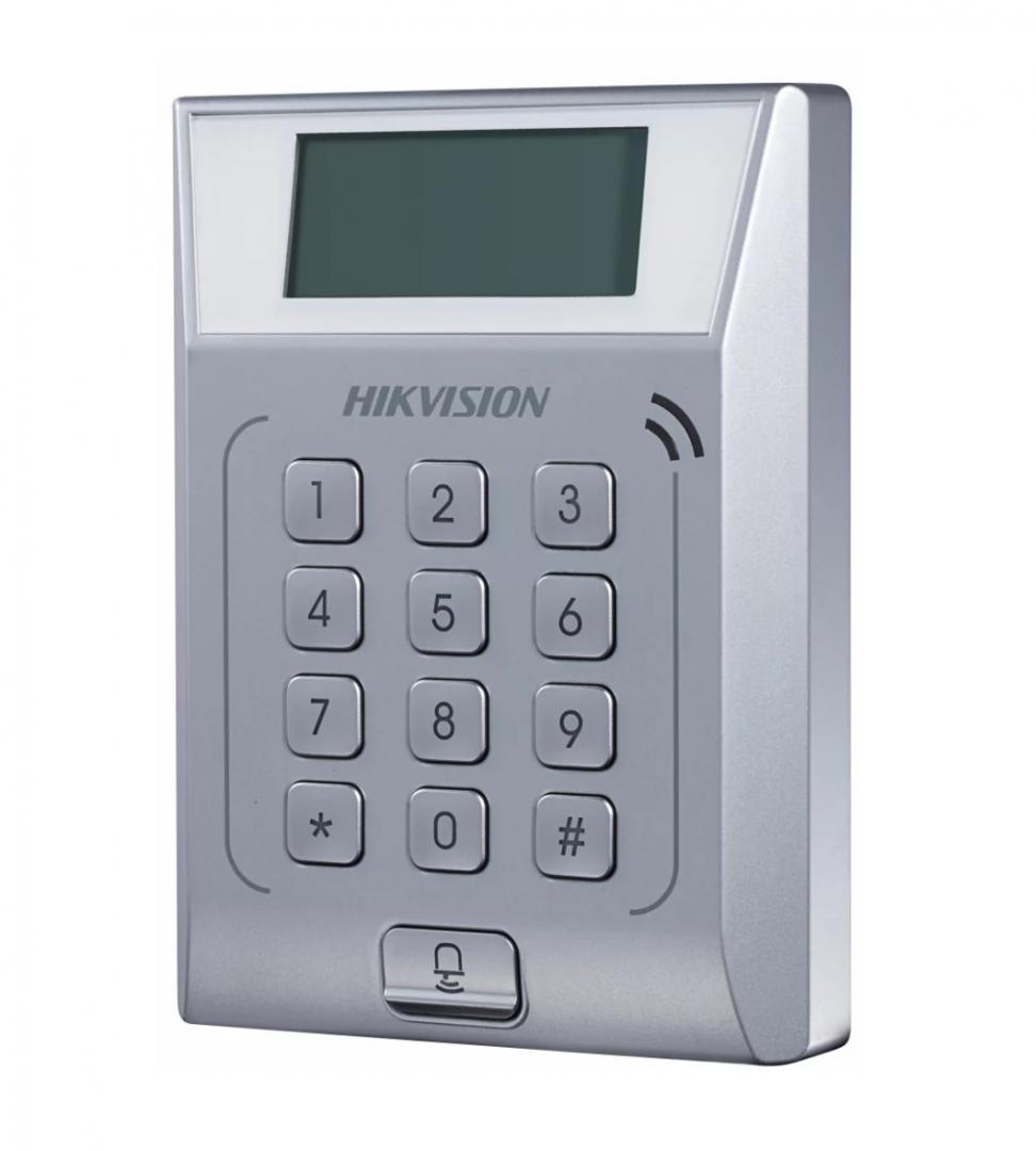 Centrale control acces - Cititor standalone cu tastatura si card proximitate Hkvision DS-K1T802M, suporta cartele MIFAE, capacitate 3000 carduri si 10000 evenimente, autentificare: card, card si parola,display 128x64, Exit Bu