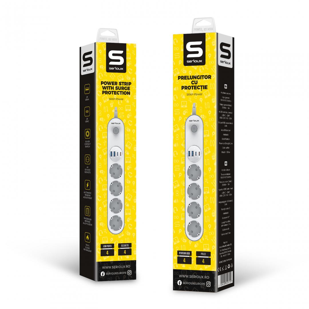 Prelungitor cu protectie Serioux SRXP-PS44W, 4 prize schuko, Tensiune intrare: 100-240V, 50-60Hz, Tensiune ieşire (total): 2500W-10A, 4 porturi USB (auto max), USB-C1-20W si USB-C2/A1/A2-12W, Amperaj  [5]