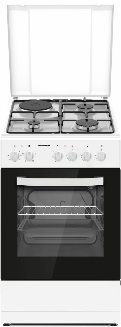 Aragaz mixt Heinner HFSC-S56E1HSWH, 3 arzatoare gaz, gratar Email, Cuptor electric, grill, aprindere electrica, dispozitiv de siguranta, lumina cuptor, 50x60 cm, Alb [1]