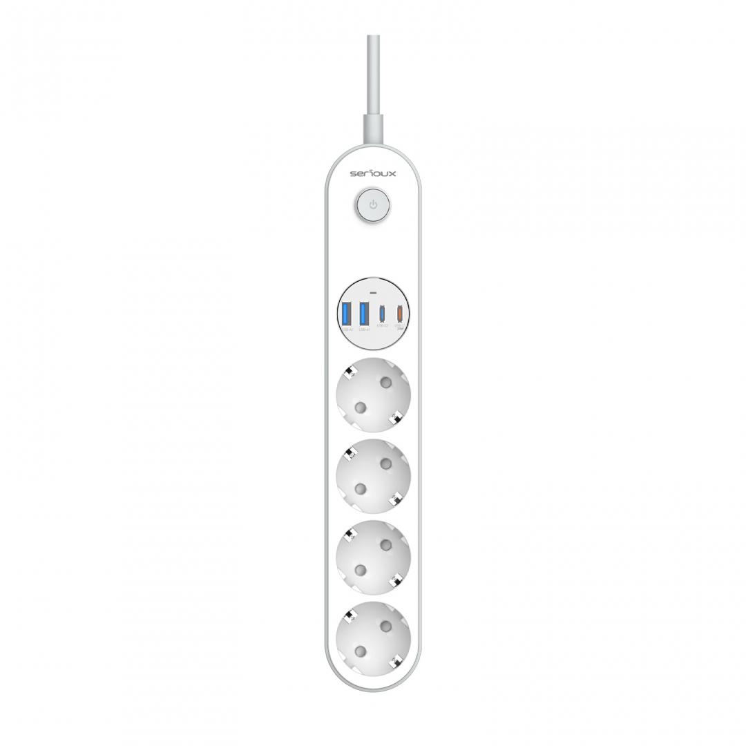 Iluminat & electrice - Prelungitor cu protectie Serioux SRXP-PS44W, 4 prize schuko, Tensiune intrare: 100-240V, 50-60Hz, Tensiune ieşire (total): 2500W-10A, 4 porturi USB (auto max), USB-C1-20W si USB-C2/A1/A2-12W, Amperaj 