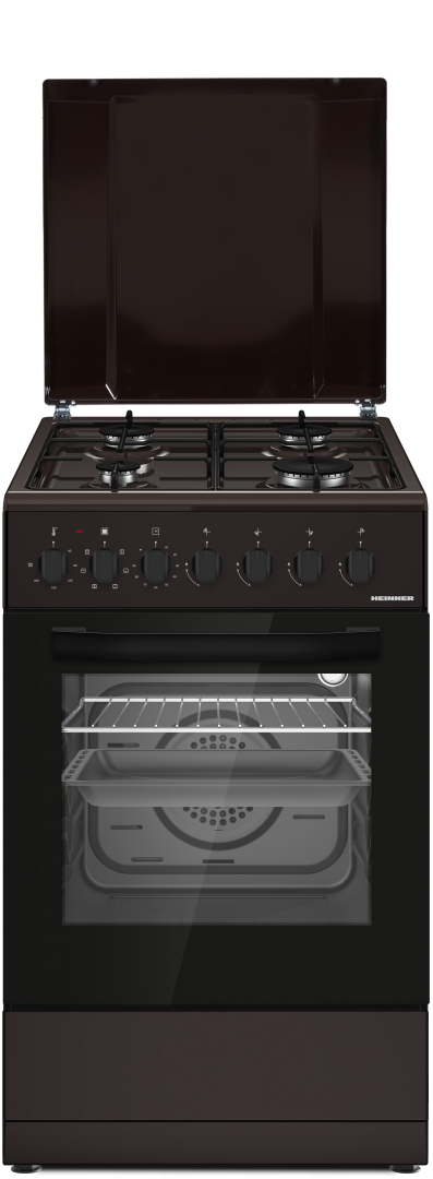 Aragazuri - Aragaz mixt Heinner HFSC-S60LITGC-BRW, 4 arzatoare gaz, gratar email, cuptor electric, grill, ventilatie, aprindere electrica, dispozitiv de siguranta, lumina cuptor, timer mecanic, 50x60 cm, maro