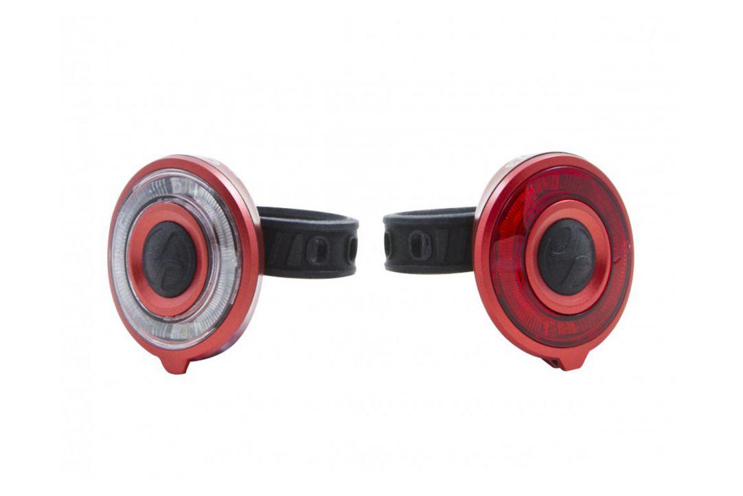 Accesorii ciclism - Set lumini far+stop, 2 LED-uri rosii, 2 LED-uri uri albe, Baterii: 2 x 2 CR2032 3V, Greutate: 2x35gr, Autonomie:70/95 h
