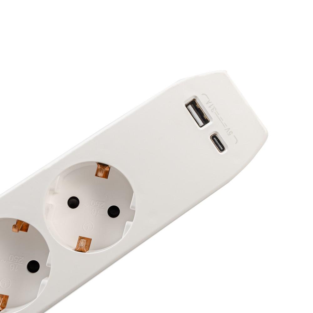 PRELUNGITOR SPACER, Schuko x 3, conectare prin Schuko (T),Type-C x1, USB x 1, 3.1A, cablu 4.5m, 16 A, max. 3500W,protectie copii, protectie supratensiune, Alb-Gri [1]