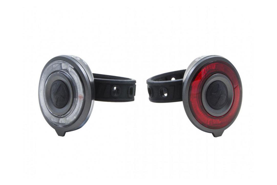 Accesorii ciclism - Set lumini far+stop, 2 LED-uri rosii, 2 LED-uri uri albe, Baterii: 2 x 2 CR2032 3V, Greutate: 2x35gr, Autonomie:70/95 h