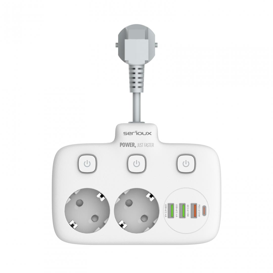 Iluminat & electrice - Prelungitor tip priza cu protectie Serioux Quick Charge 3.0, parametri nominali: 2500W-10A(Max) 250V, Intrare: AC100-250V 10A 50/60HZ , Ieșire PD: 5V=3A 9V=2.22A 12V=1.67A 20W (MAX), Ieșire QC: 5V-3A 