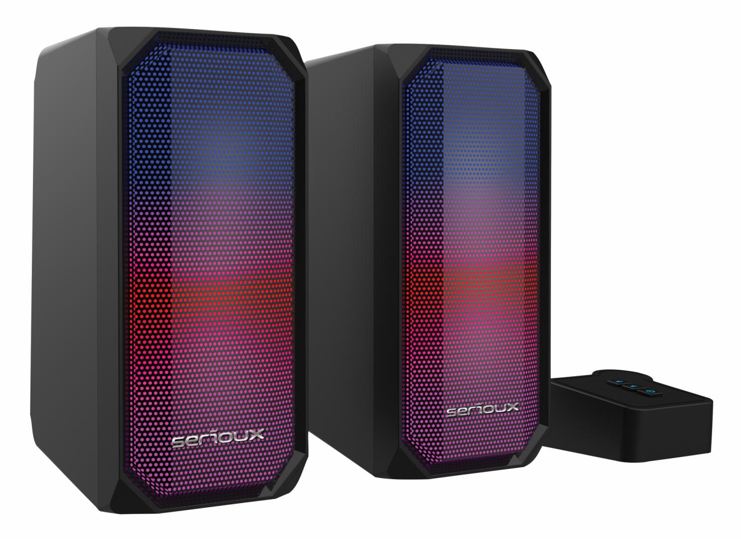 Boxe gaming 2.0 Serioux Kyro RGB, Functie Dual Mode Bluetooth, putere: 3W x 2, impedanță: 4Ω, frecvență: 150Hz - 20KHz, sensibilitate : 650mv± 50mv, alimentare: DC5V / 1A, S / N: ≥75dB, dimensiunea dr [1]