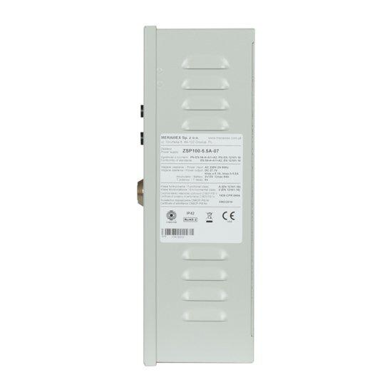 Sursa de alimentare pentru sisteme de detectie incendiu 24V/5.5A in cutie metalica Merawex ZSP100-5.5A-07 , loc pentru 2 acumulatori 12V/9Ah, Tensiune de intrare: 100/230VAC, eficienta ridicata sub sa [1]