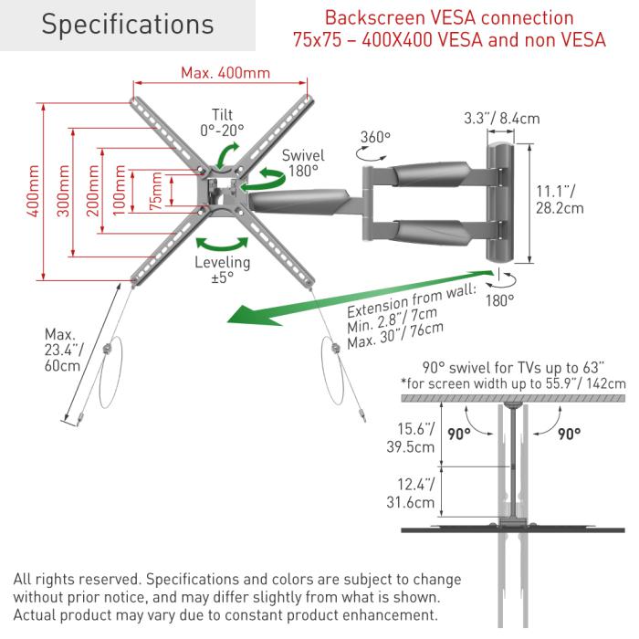Suport TV perete pentru exterior Barkan 4move OD XLong, pentru display-uri cu diagonala 13"-65", suporta pana la 36kg, cu reglare in 4 axe, VESA 75x75 - 400x400, gri [1]