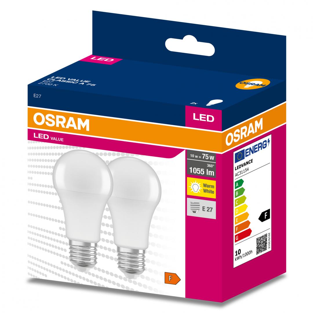 Iluminat - 2 Becuri LED Osram Value Classic A, E27, 10W (75W), 1055 lm, luminacalda(2700K)