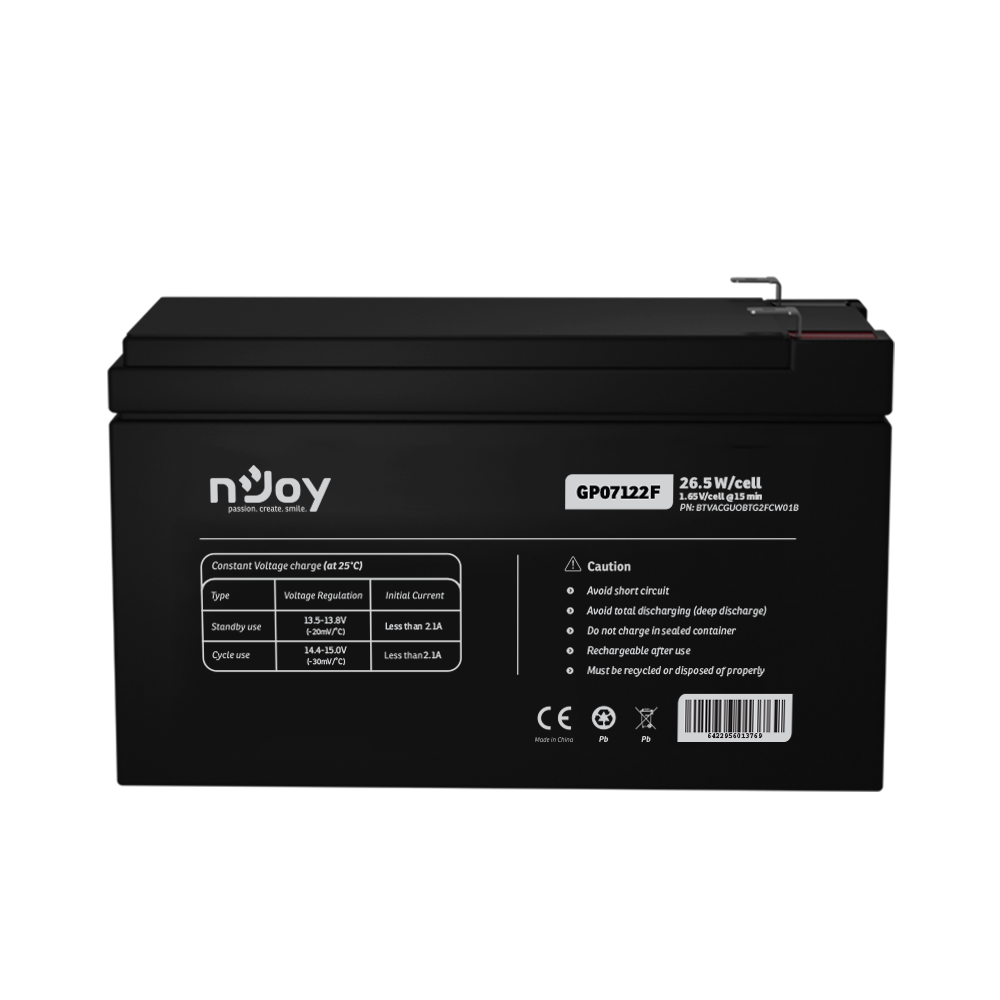 Acumulator nJoy GP07122F 12V 23.51W/cell Battery Model GP07122F Voltage 12V Power (1,65V/cell@15 min) 23.51W/cell Type VRLA - maintanance free Designed Floating Life 3~5 years Nominal Operating Temp.  [2]