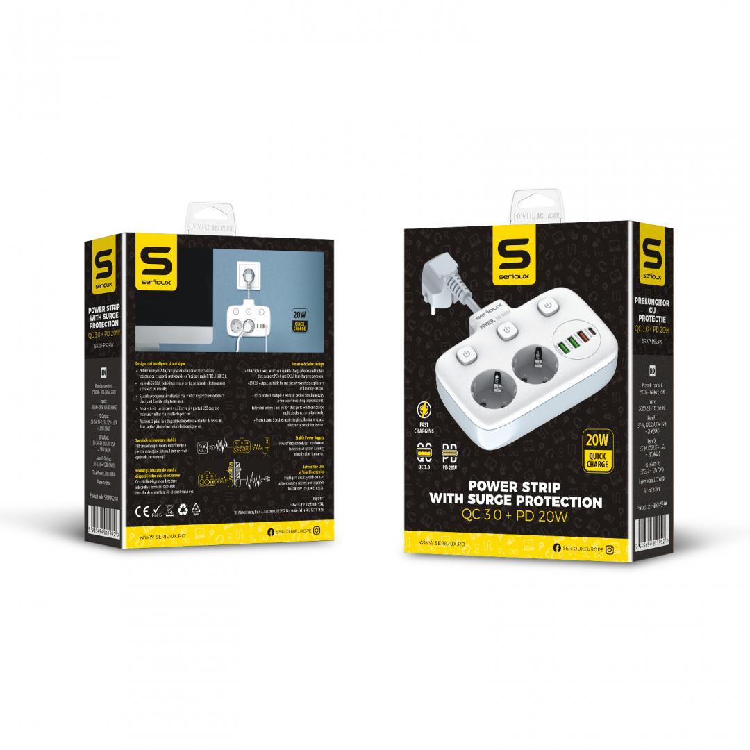 Prelungitor tip priza cu protectie Serioux Quick Charge 3.0, parametri nominali: 2500W-10A(Max) 250V, Intrare: AC100-250V 10A 50/60HZ , Ieșire PD: 5V=3A 9V=2.22A 12V=1.67A 20W (MAX), Ieșire QC: 5V-3A  [5]