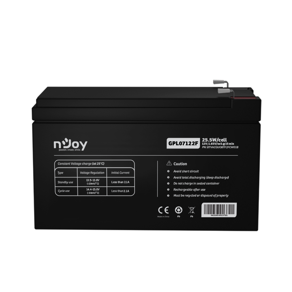 Acumulator nJoy GPL07122F 12V 22.72W/cell, Capacitate 22.72W/cell evaluat la 1,65V/cell@15 min), Tensiune 12V, Tip VRLA - fara mentenanta, Caracteristici: Sigilata complet si fara intretinere, Peste 2 [1]