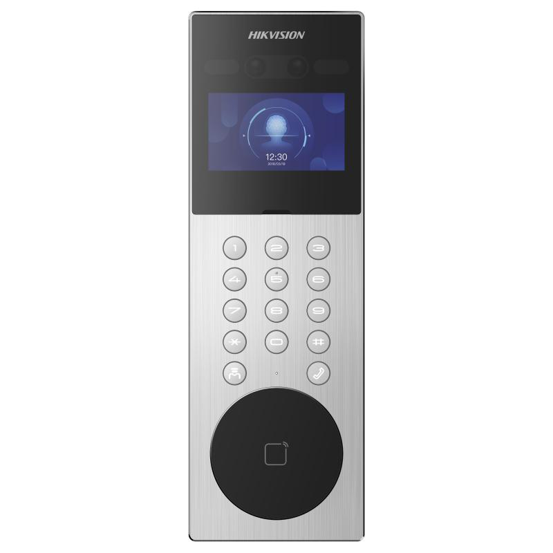 Interfonie - Post exterior videointerfon IP Hikvision DS-KD9203-ME6, recunoastere faciala, pin, card, 10000 de utilizatori, ecran LCD 800 × 480px, IP65, instalare aparenta, alimentare: 12 VDC, 1.5 A, dimensiuni: 3