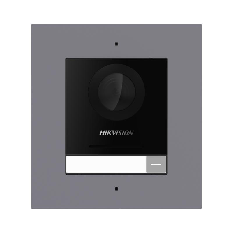 Post exterior modular videointerfon IP Hikvision DS-KD8003-IME1(B)/FL, montaj ingropat, 1 buton, 2000 de utilizatori, autentificare prin card, IP65, alimentare: 12 VDC, 500 mA, IEEE 802.3af, PoE, dime [1]