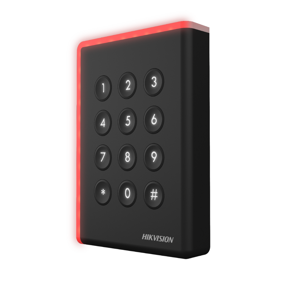 Cititoare - Cititor card cu tastatura Hikvision DS-K1108AEK, citeste carduri EM 125 KHz, distanta citire: ≤ 50 mm, comunicare: RS-485, Wiegand (W26, W34) protocol si OSDP protocol, indicator LED de stare si alime