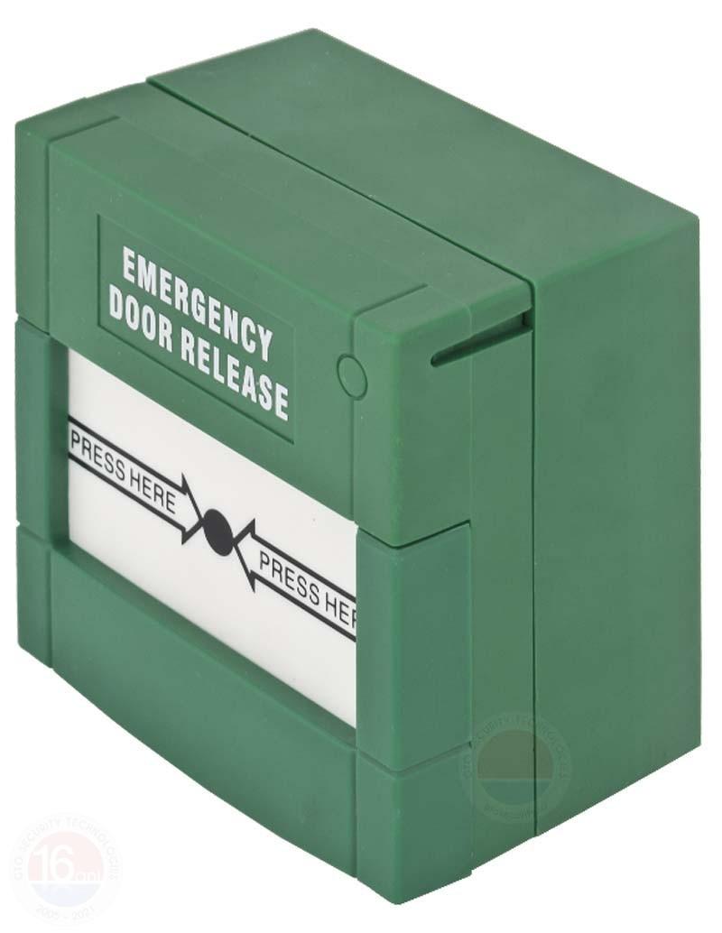 Protectie la efractie - Buton aplicabil din plastic pentru iesire de urgenta; Material: plastic, culoare verde; 2x contacte NO/NC;