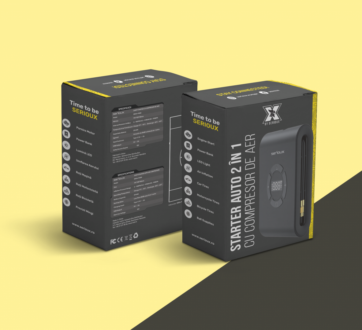 Starter auto cu compresor de aer Serioux, interval de presiune reglabil 3~150PSI/0,2~9,9BAR/20~990KPA, temperatura de functionare incărcare: 0° C~45°C, Descărcare: -20°C~60°C, temeperatura de depozita [1]