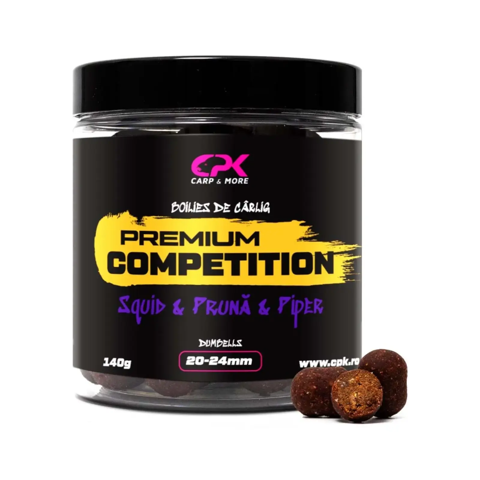 Boilies de Cârlig CPK Competițion Dumbells, 20 24mm, 140g 20-24mm, 140g, TARE, Squid Prună Piper