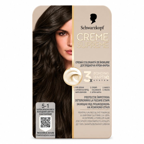 Vopsea de par - Schwarzkopf Creme Supreme 5-1 Vopsea de Par Permanenta cu 3x Bonding HaptIQ Saten Deschis Rece