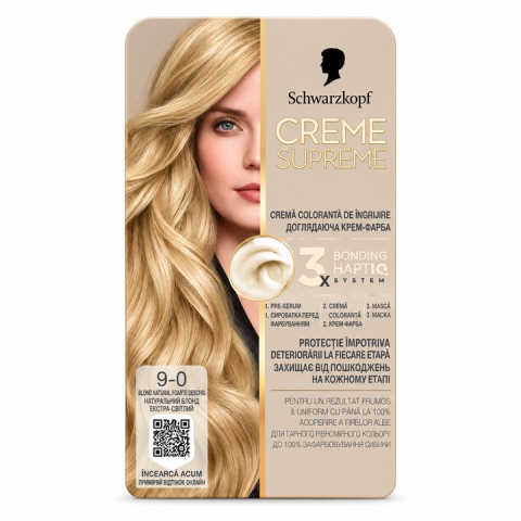 Vopsea de par - Schwarzkopf Creme Supreme 9-0 Vopsea de Par Permanenta cu 3x Bonding HaptIQ Blond Natural Foarte Deschis