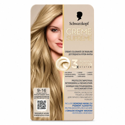 Vopsea de par - Schwarzkopf Creme Supreme 9-16 Vopsea de Par Permanenta cu 3x Bonding HaptIQ Blond Foarte Deschis Cenusiu Rece