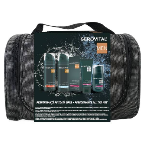 Set  cadou cosmetice - Set cadou Gerovital Men cu borseta - spuma de dus, spuma de ras, balsam dupa ras si crema antirid