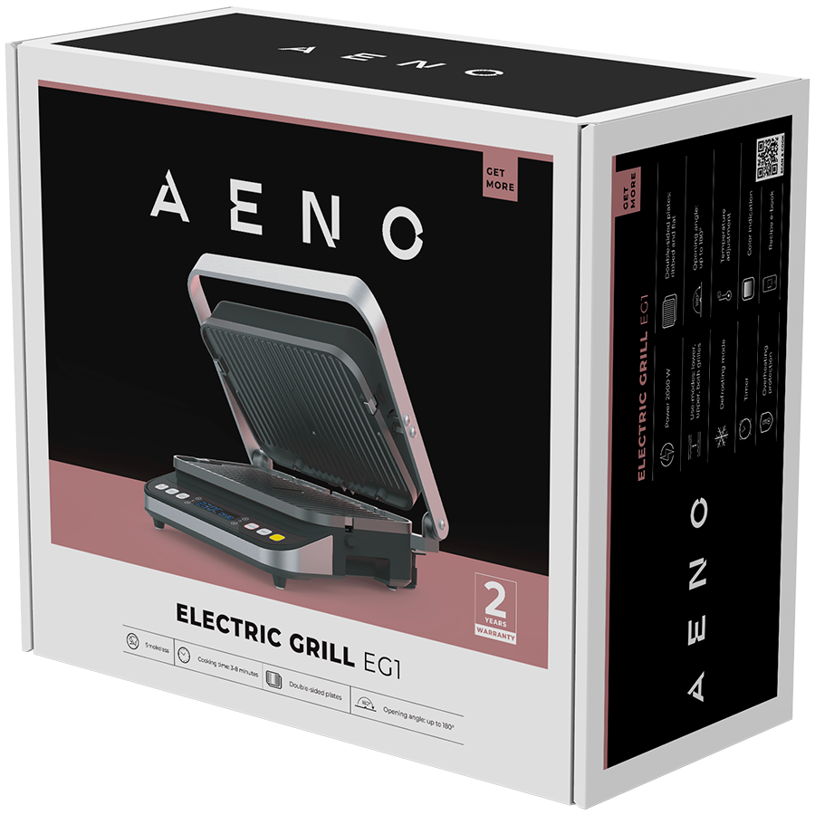 AENO ''Electric Grill EG1: 2000W, 3 heating modes - Upper Grill, Lower Grill, Both Grills Defrost, Max opening angle -180°, Temperature regulation, Timer, Removable double-sided plates, Plate size 320 [7]