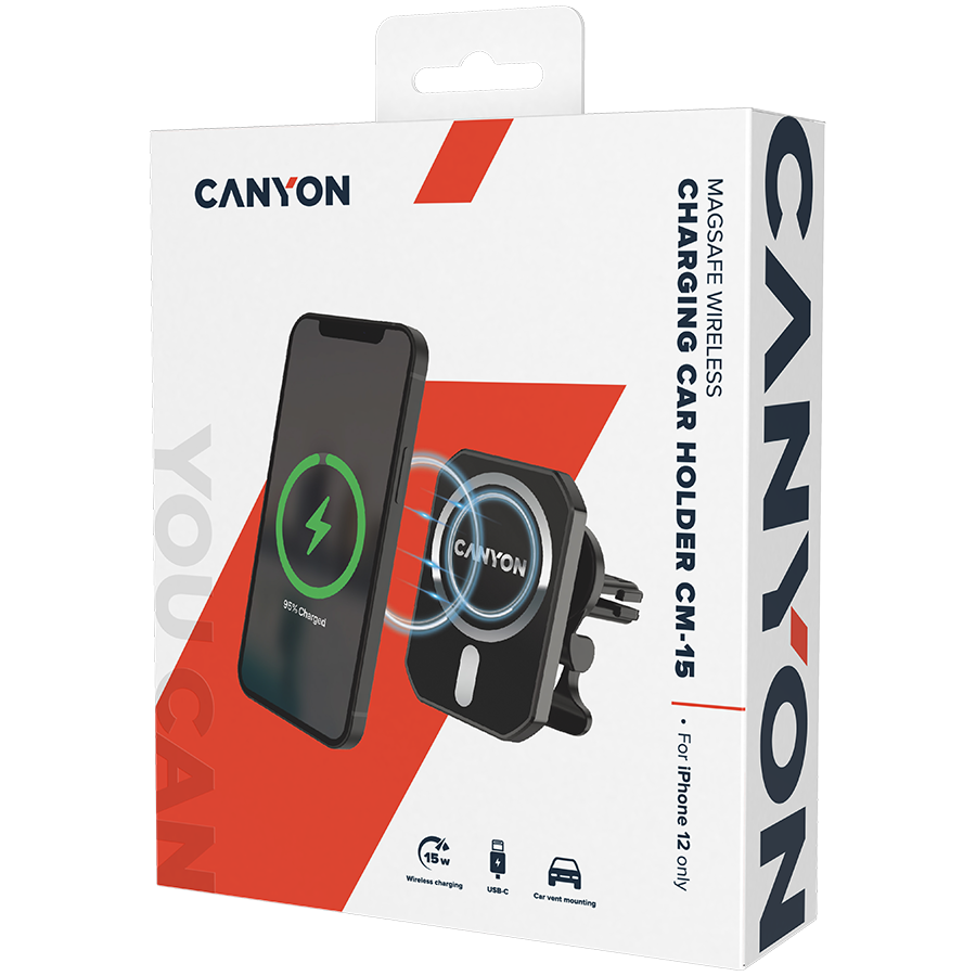 CANYON CH-15, Magnetic car holder and wireless charger, C-15-01, 15W，Input: USB-C: 5V/2A, 9V/3A;Output: 5W, 7.5W, 10W, 15W;83*60*8.15mm,0.147kg,black [4]