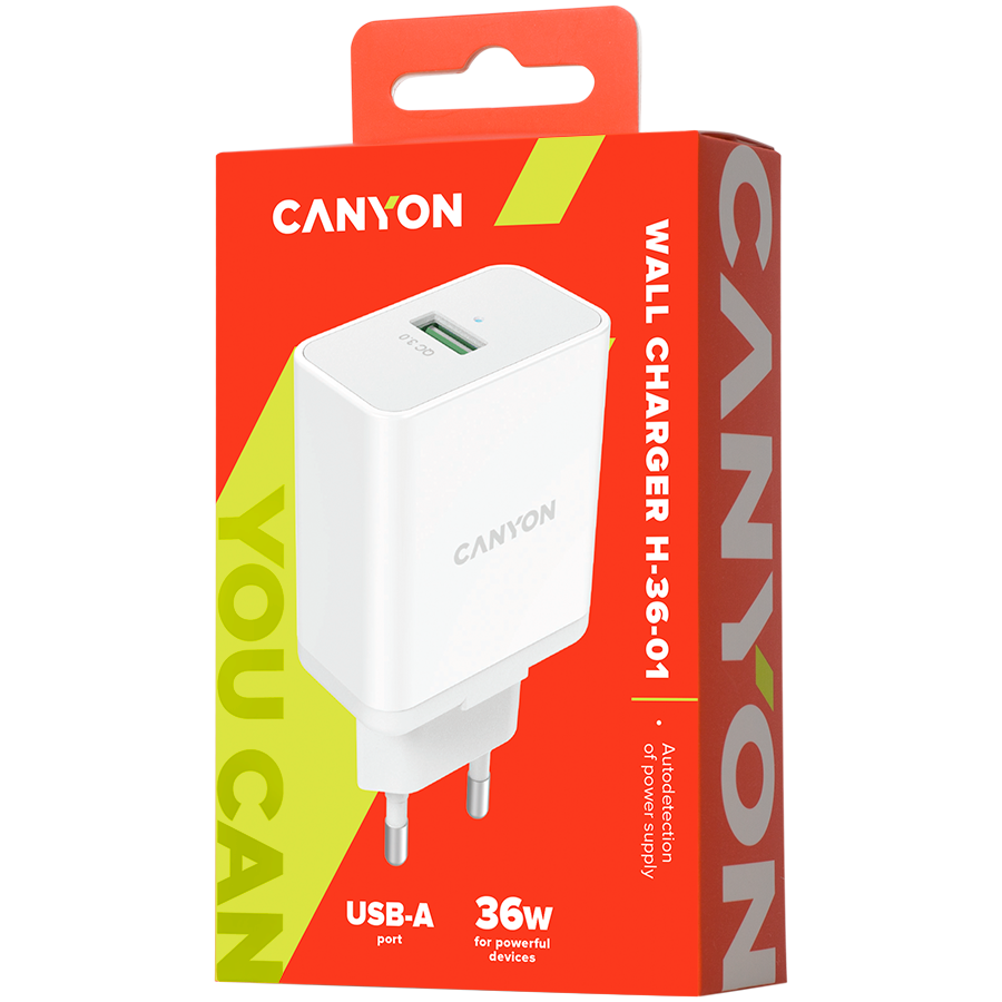 CANYON H-36-01, QC3.0 36W WALL Charger with 1-USB A Input: 100V-240V, Output: USB-A:QC3.0 36W (5V3A/9V3.0A/12V3.0A), Eu plug , Over- Voltage , over-heated, over-current and short circuit protection Co [4]