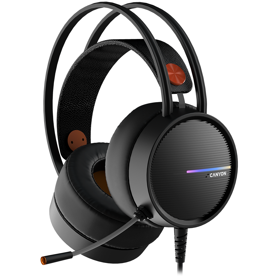 CANYON INTERCEPTOR GH-8A, Gaming headset 3.5mm jack plus USB connector for LED backlight, adjustable microphone and volume control, with 2in1 3.5mm adapter, cable 2M, Black and Orange, 0.36kg [1]