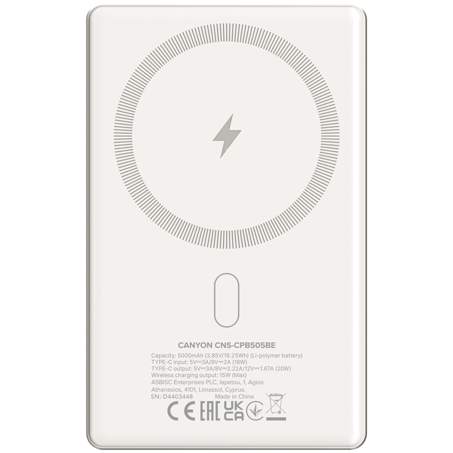 CANYON power bank OnPower 505 slim Magnetic 5000 mAh PD20W Beige [3]