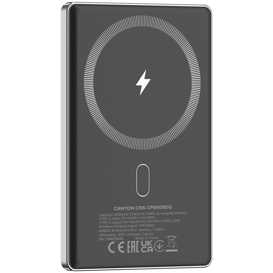 CANYON power bank OnPower 505 slim Magnetic 5000 mAh PD20W Dark Grey [4]