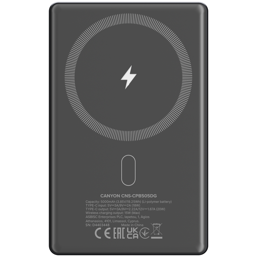 CANYON power bank OnPower 505 slim Magnetic 5000 mAh PD20W Dark Grey [3]